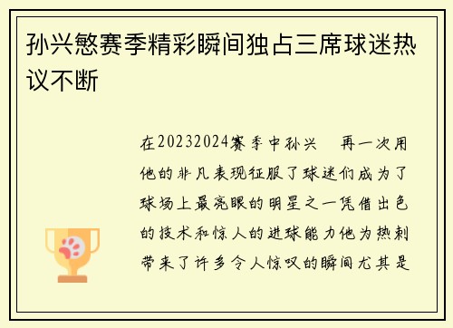 孙兴慜赛季精彩瞬间独占三席球迷热议不断
