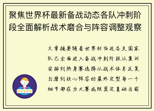 聚焦世界杯最新备战动态各队冲刺阶段全面解析战术磨合与阵容调整观察
